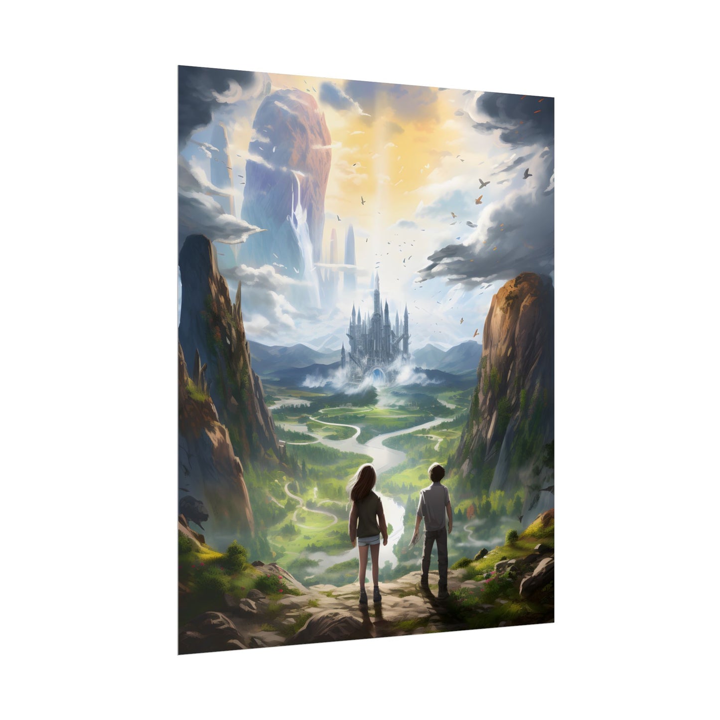 Girl and Boy in Serene Meadow: A Moment on Cloudy Hill - Poster