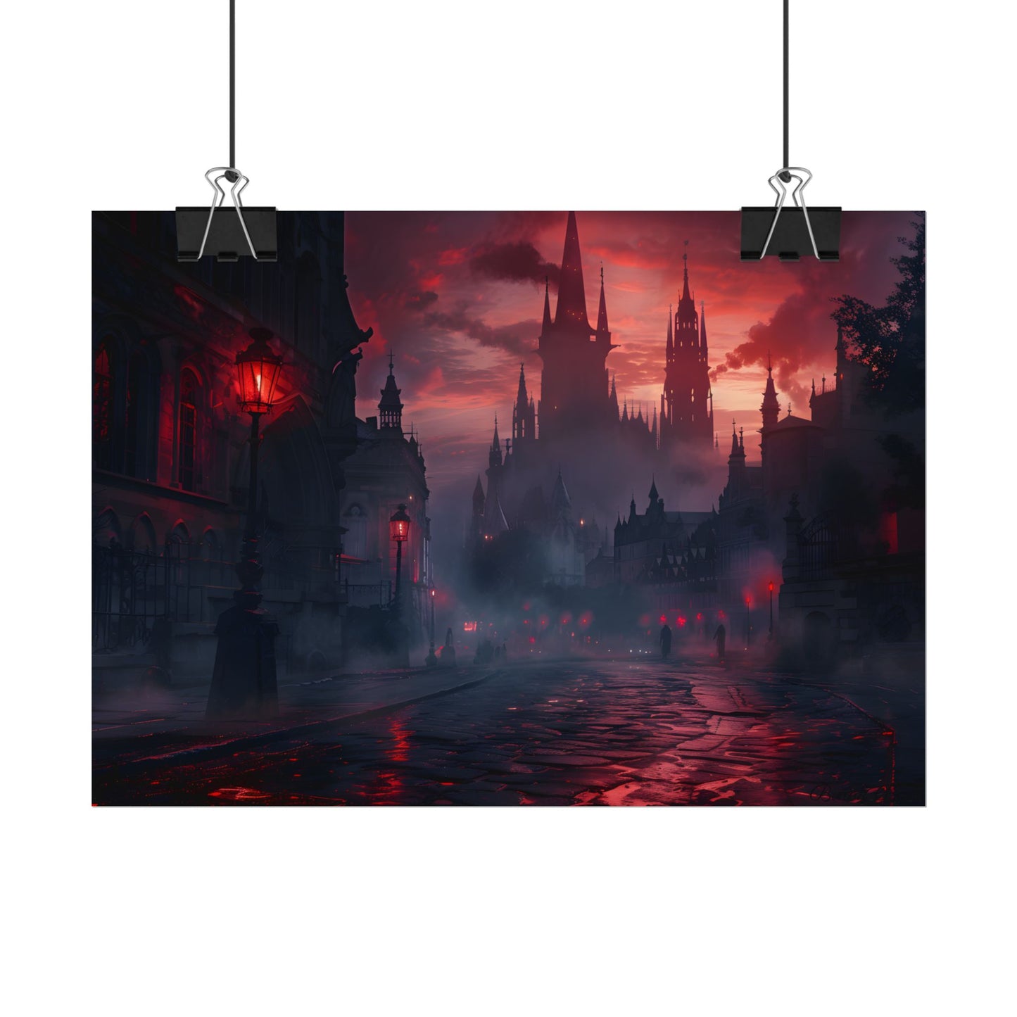 Gothic City Dusk: Pointed Arches and Misty Atmosphere - Poster
