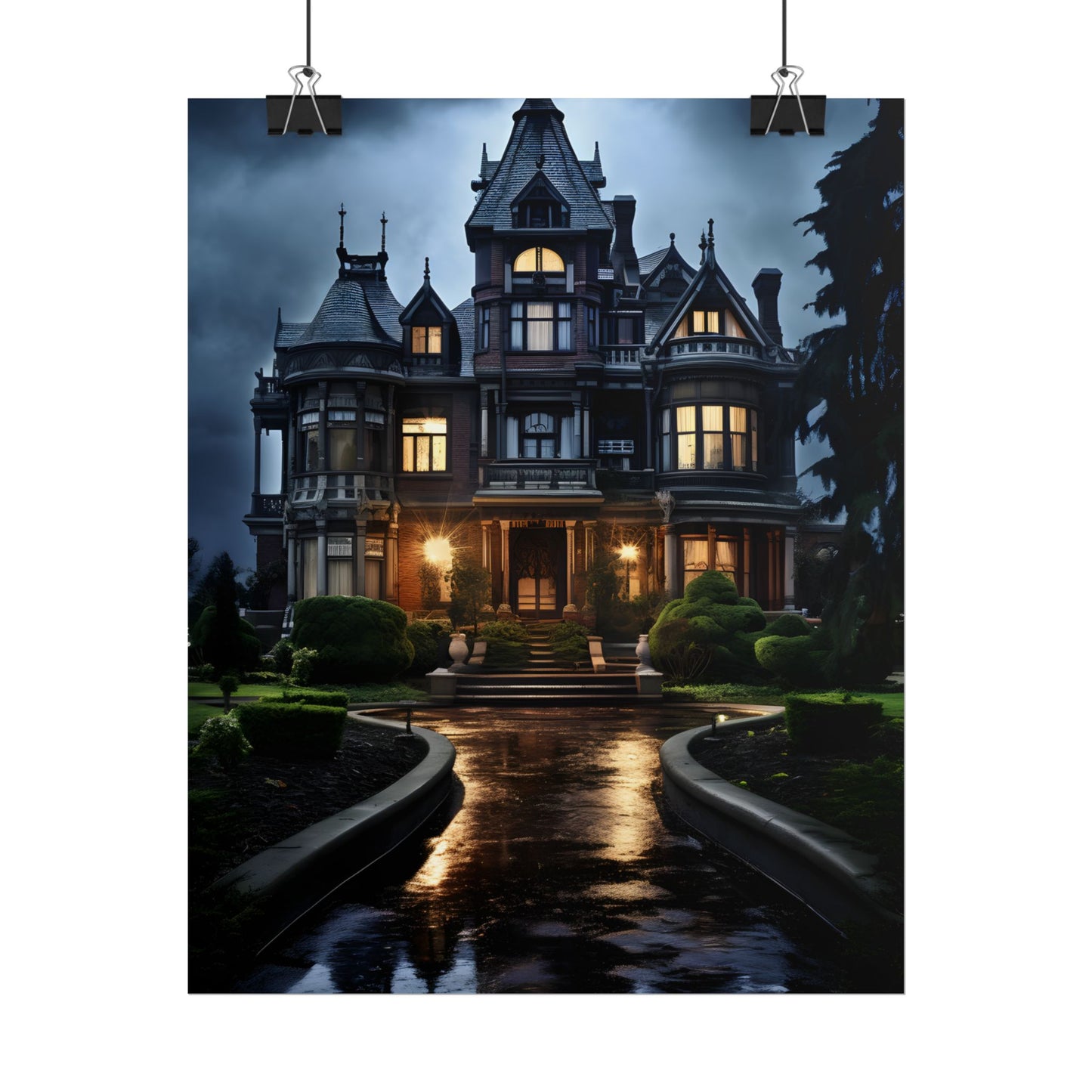 Haunted Victorian Mansion: Spooky Stormy Night Art - Poster