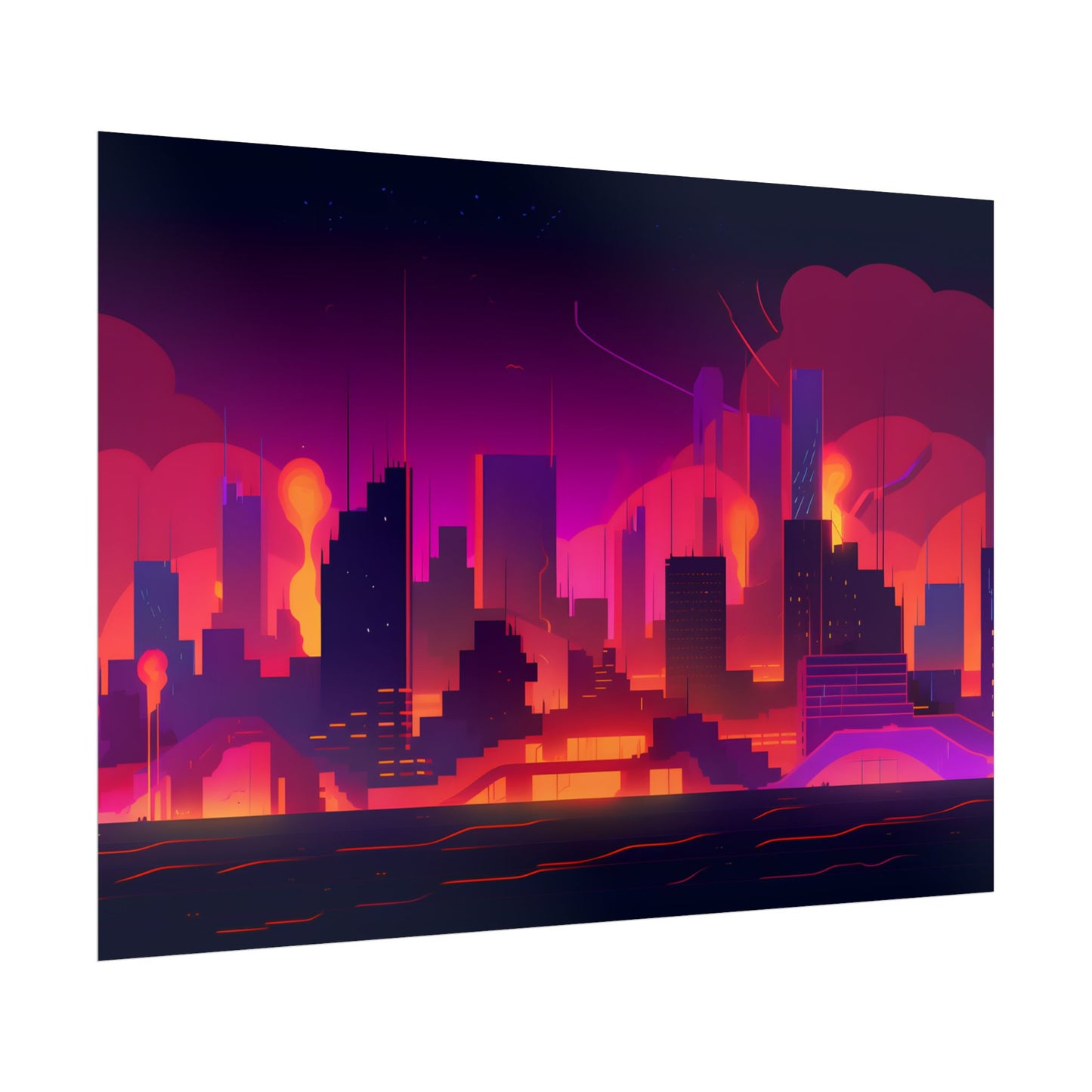 Burning Cyberpunk Cityscape: Nighttime Digital Artwork - Poster
