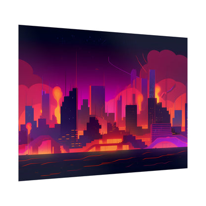 Burning Cyberpunk Cityscape: Nighttime Digital Artwork - Poster