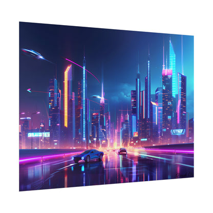 Futuristic City Glow: Neon Lights Digital Art - Poster