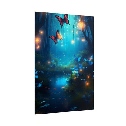 Moonlit Night Forest: Glowing Foggy Fantasy Bokeh Art - Poster