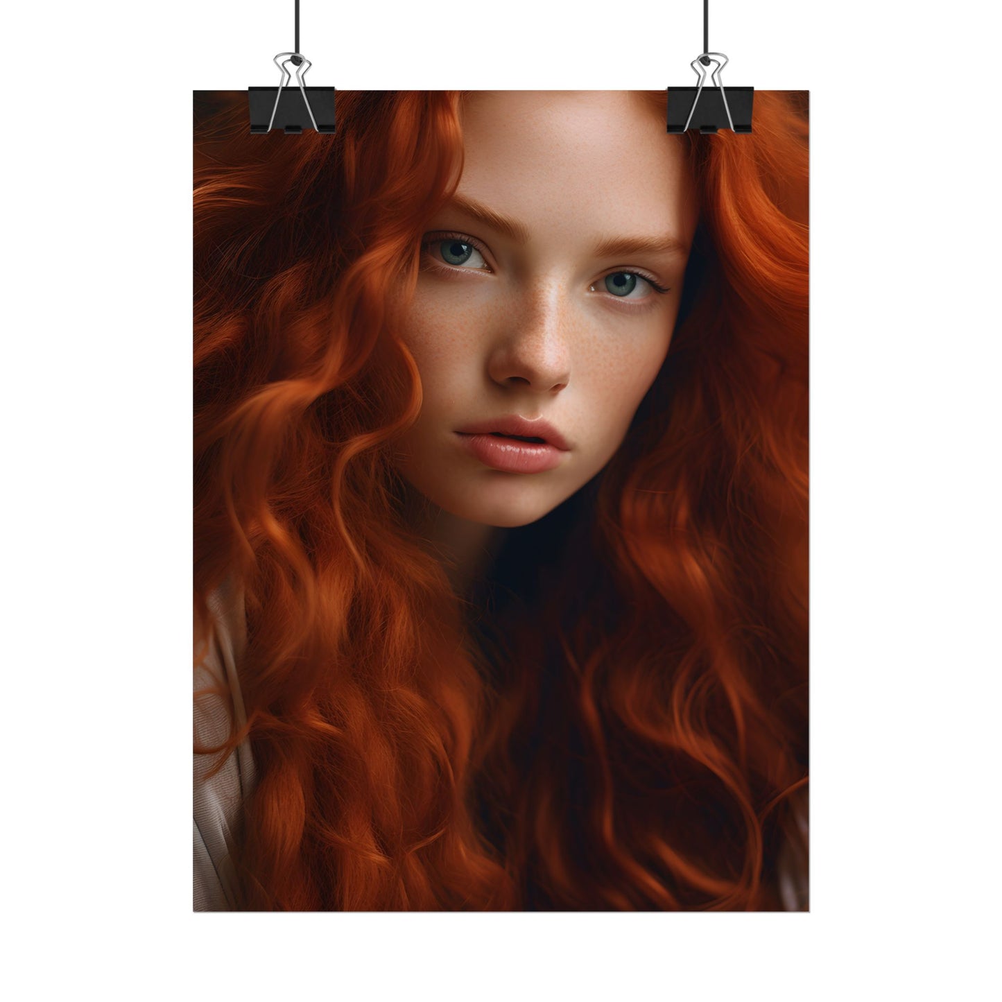 Feminine Portrait: Redheaded Woman in Light Blue - Poster