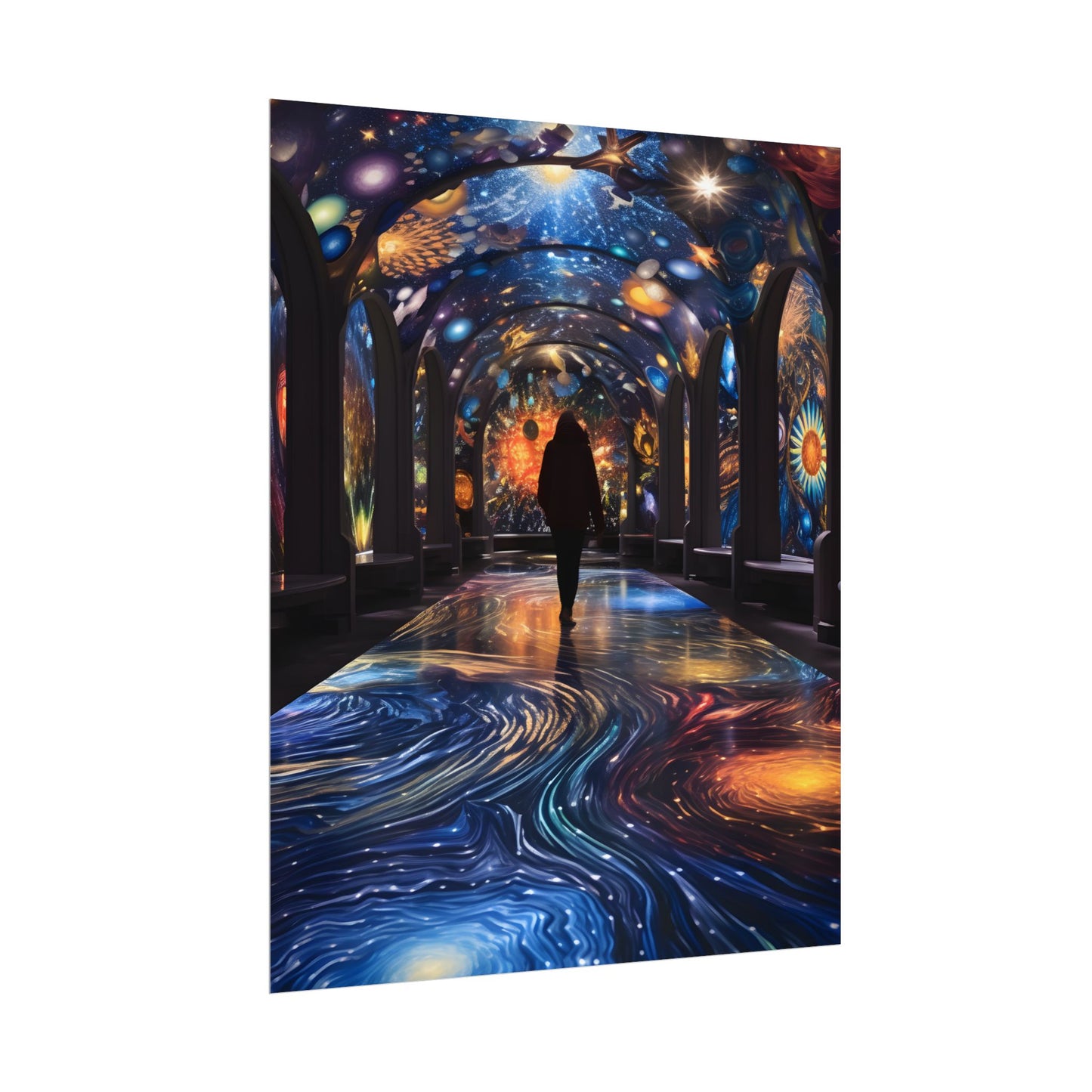 Celestial Art Gallery: Vibrant Space-Themed Artwork in a Colorful Interior - Poster