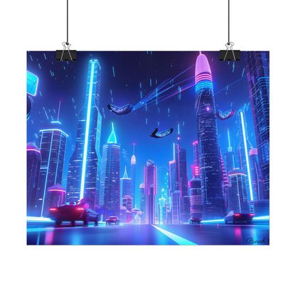 Vibrant Futuristic Cityscape: Neon Lights at Night Digital Artwork - Poster
