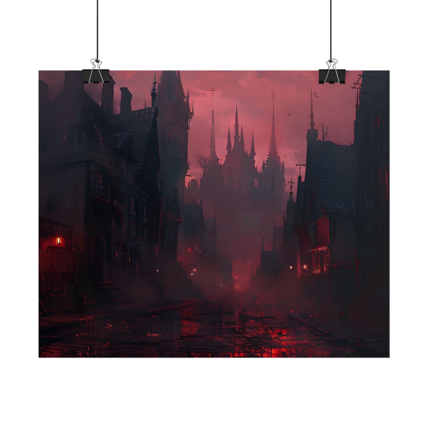 Dark Gothic Cityscape: A Serene Misty Dusk Scene - Poster