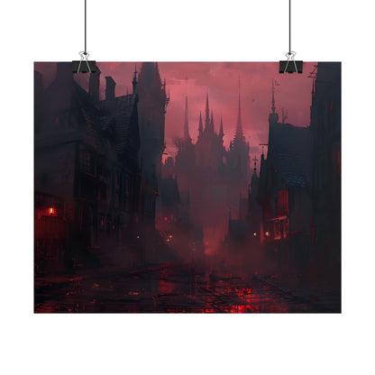 Dark Gothic Cityscape: A Serene Misty Dusk Scene - Poster