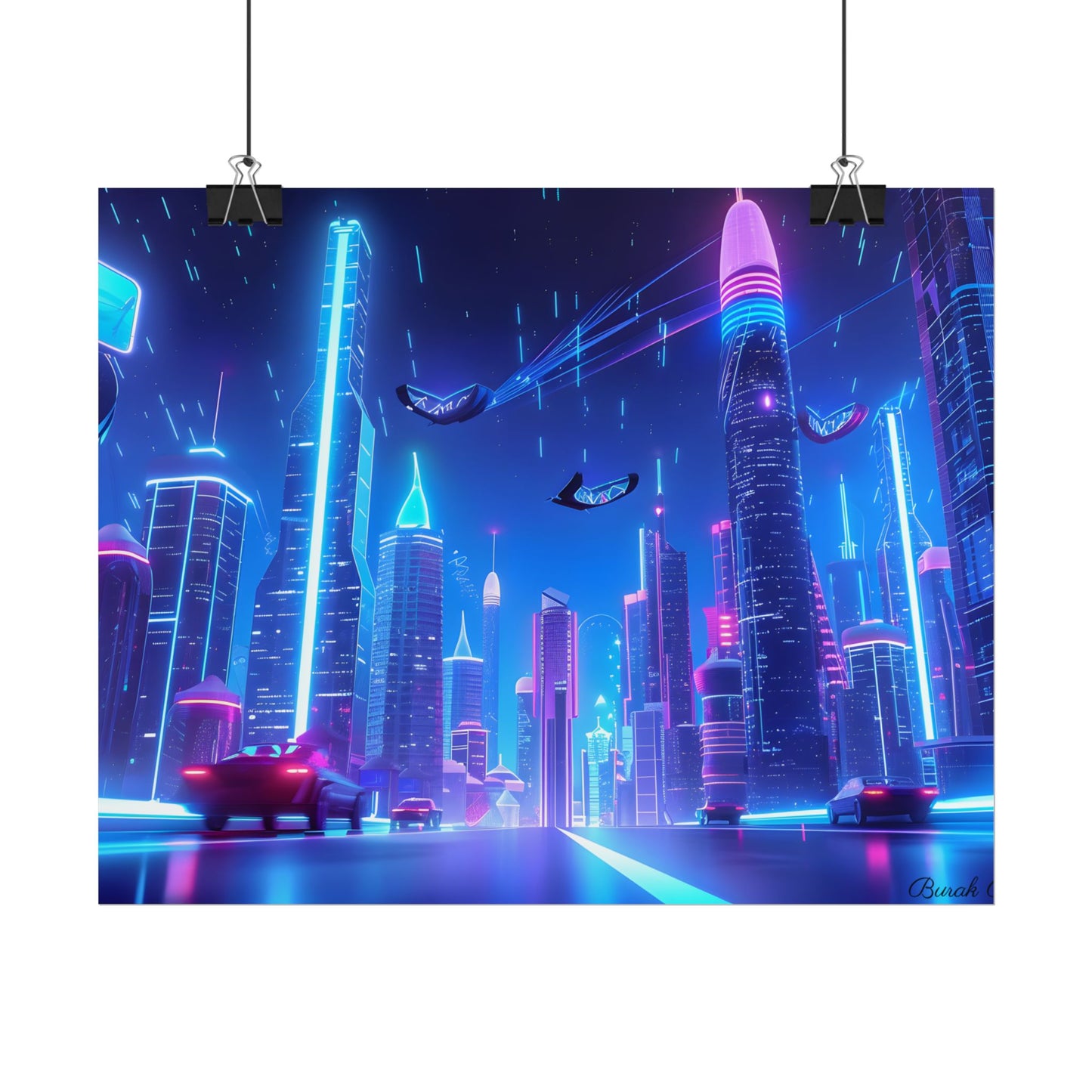 Vibrant Futuristic Cityscape: Neon Lights at Night Digital Artwork - Poster