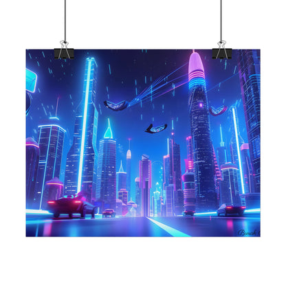 Vibrant Futuristic Cityscape: Neon Lights at Night Digital Artwork - Poster
