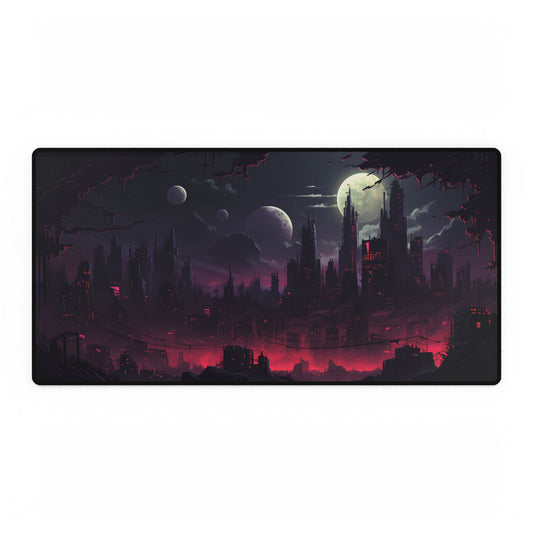 Burning Cyberpunk Cityscape at Night: Digital Art - Desk Mat