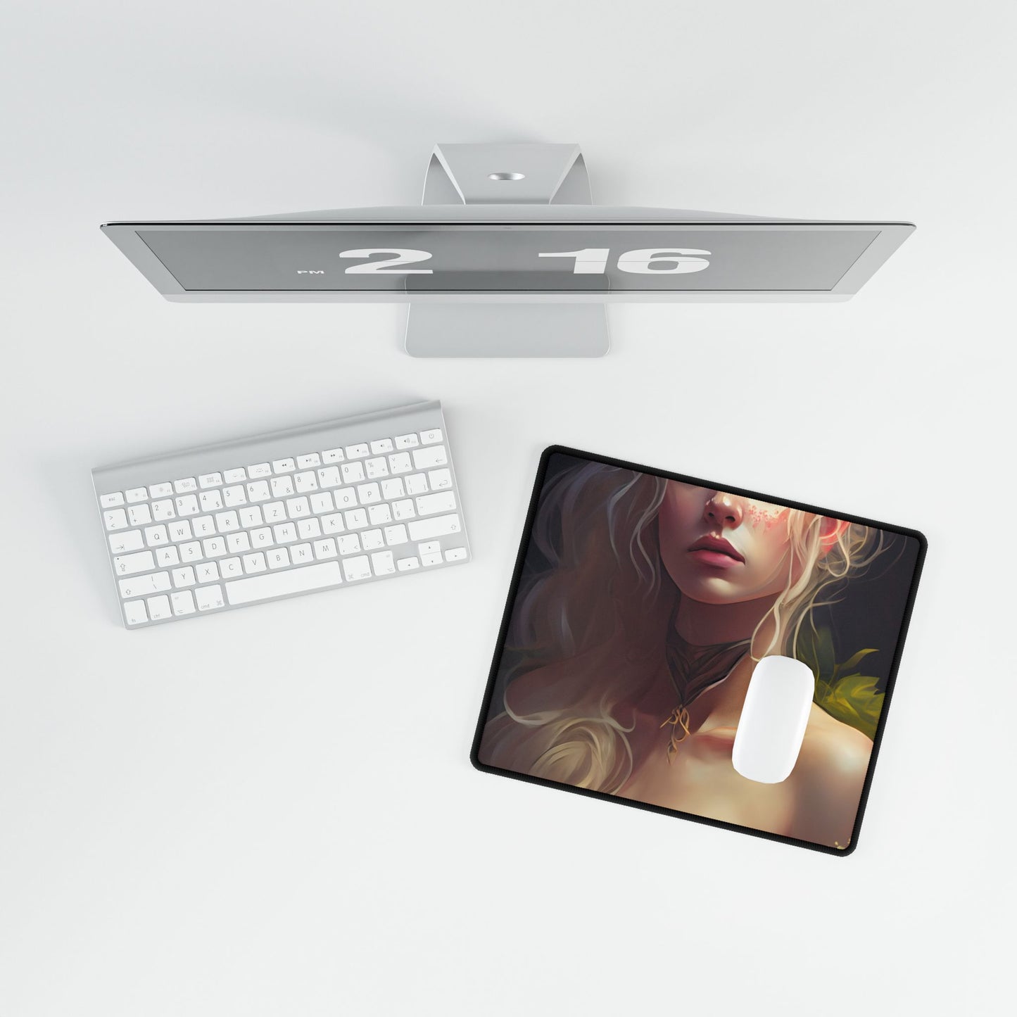Detailed Blonde Female Portrait: Red Top Artwork - Desk Mat