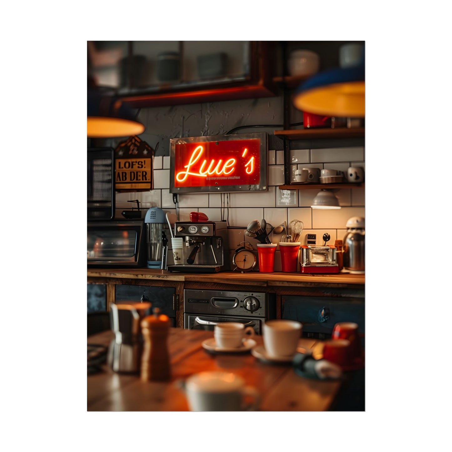 Cozy Retro Kitchen Artwork: Lukes Diner Sign Digital Art - Poster