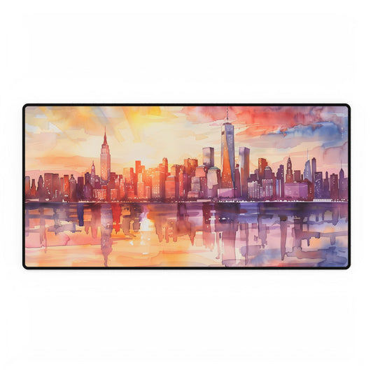 Watercolor Sunset New York City Skyline: Beautiful Artwork - Desk Mat