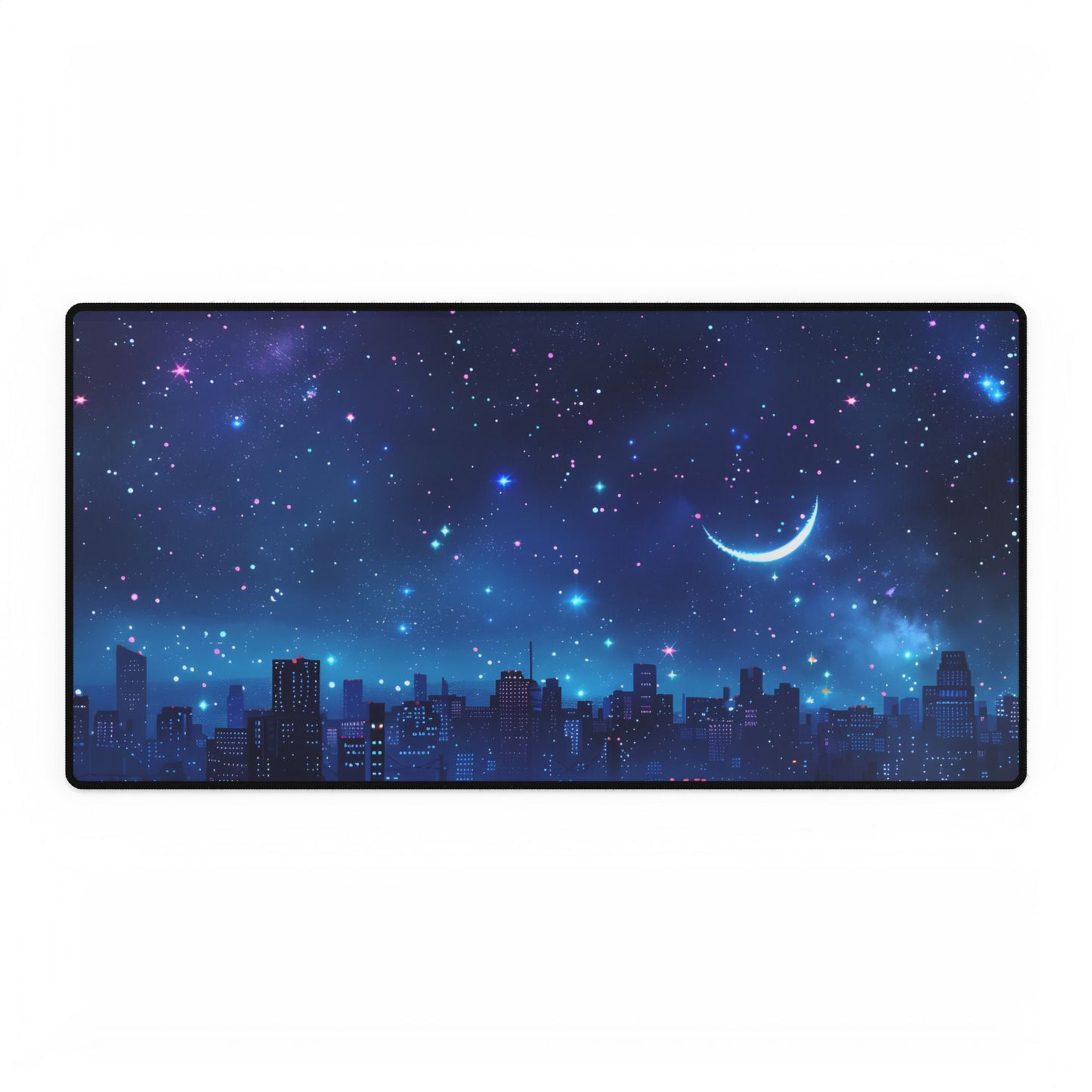 Dark Blue Dreams: A Starry Night Sky with Crescent Moon - Desk Mat