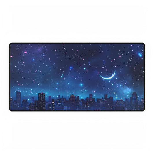 Dark Blue Dreams: A Starry Night Sky with Crescent Moon - Desk Mat