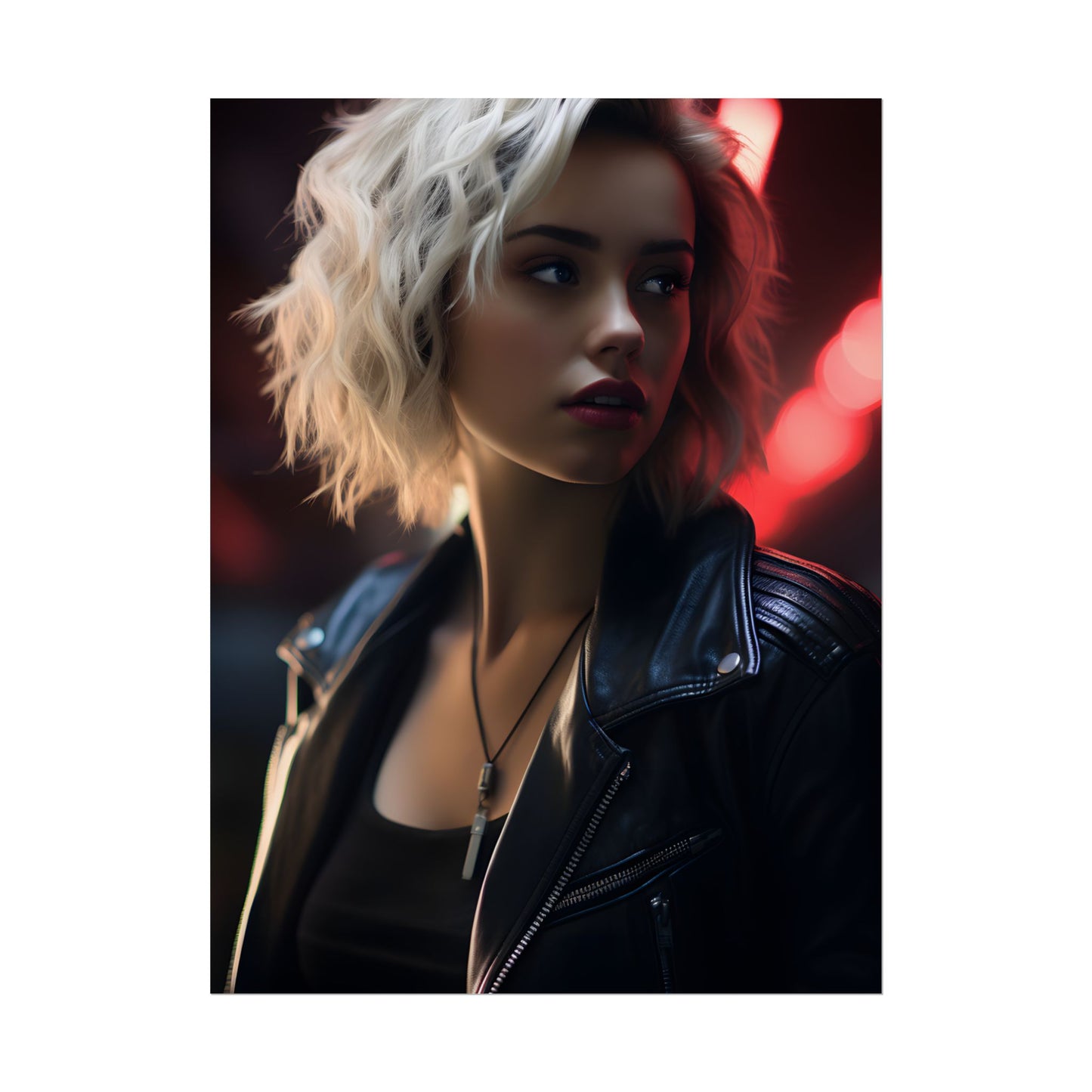 Cyberpunk Blonde: Closeup Portrait in Neon Hues - Poster