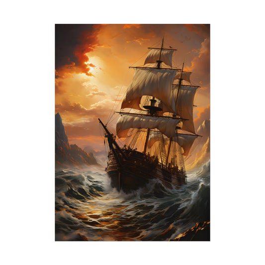 Vintage Classic Marine Oil Painting: Ship in Full Sail - Poster
