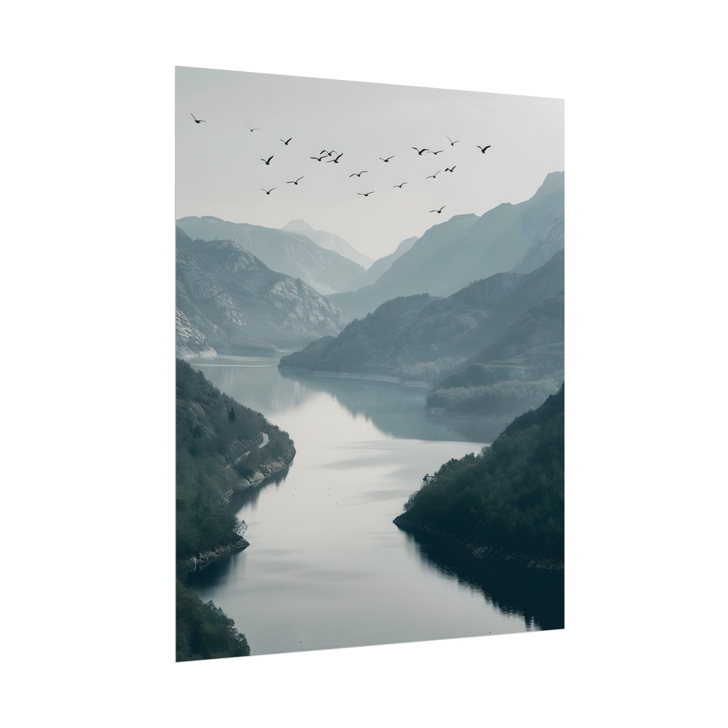 Peaceful Mountain Oasis: Serene Birds Eye View Artwork - Poster