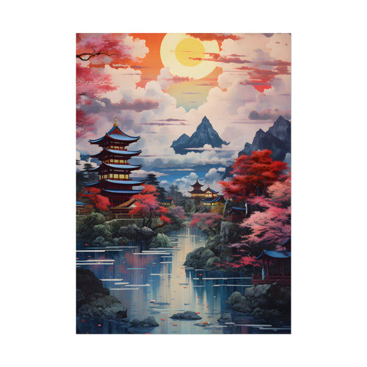 Wonderful Japanese River Scene with Serene Flowers - Poster