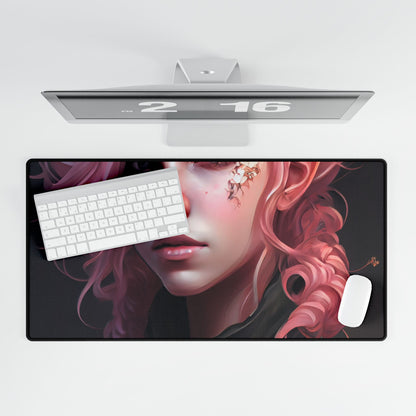 Astonishing Female Portrait: Vibrant Pink Hair in Dark Elegance - Desk Mat