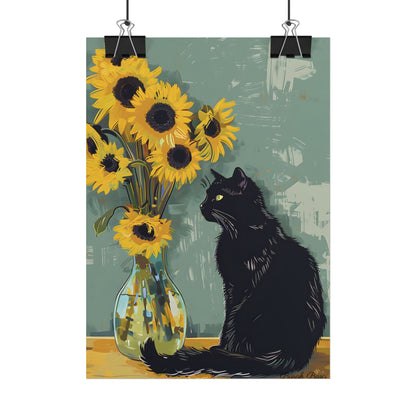 Whispers in the Sun: A Black Cat's Serene Moment with Sunflowers - Poster