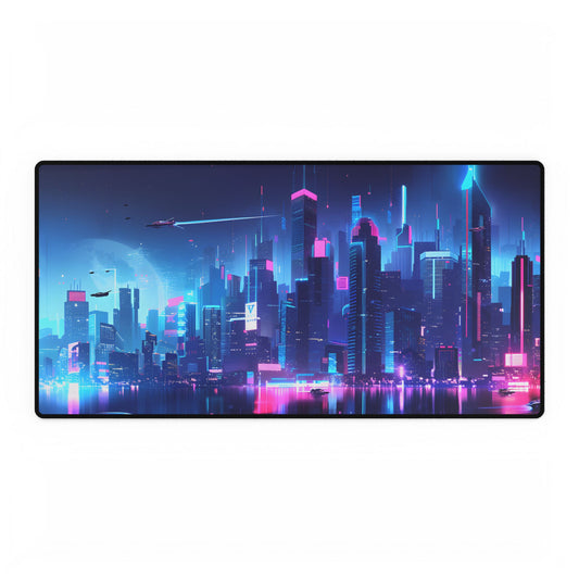 Neon City Lightscape: A Digital Artwork - Desk Mat