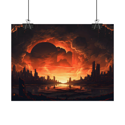 Futuristic Cyberpunk Night: Burning Cityscape Landscape Art - Poster