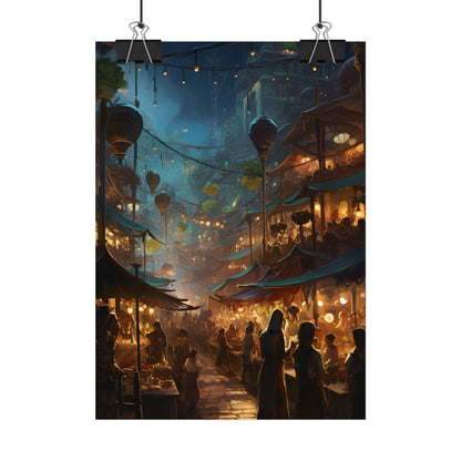 Enchanting Night Street Food Market: Colorful Artwork - Poster