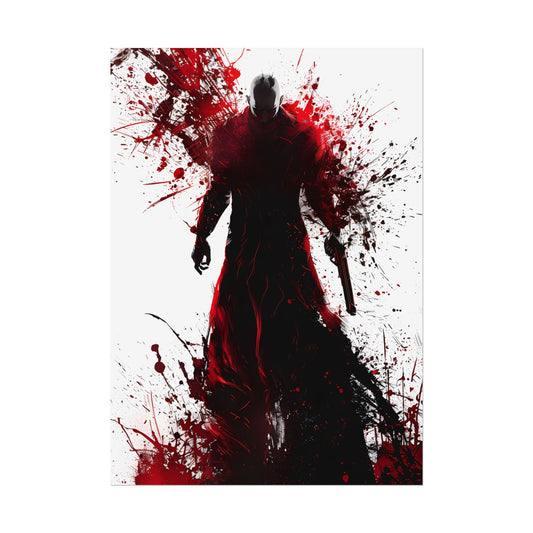Emerging from Darkness: Blood-Splattered Figure in Shadow - Poster