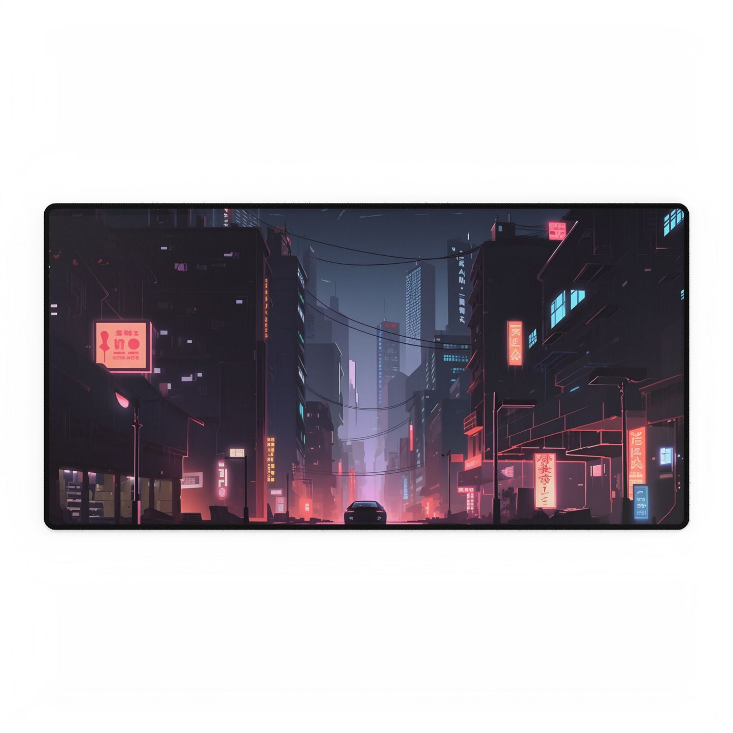 Cyberpunk Night: Melancholic Urban Landscape Artwork - Desk Mat