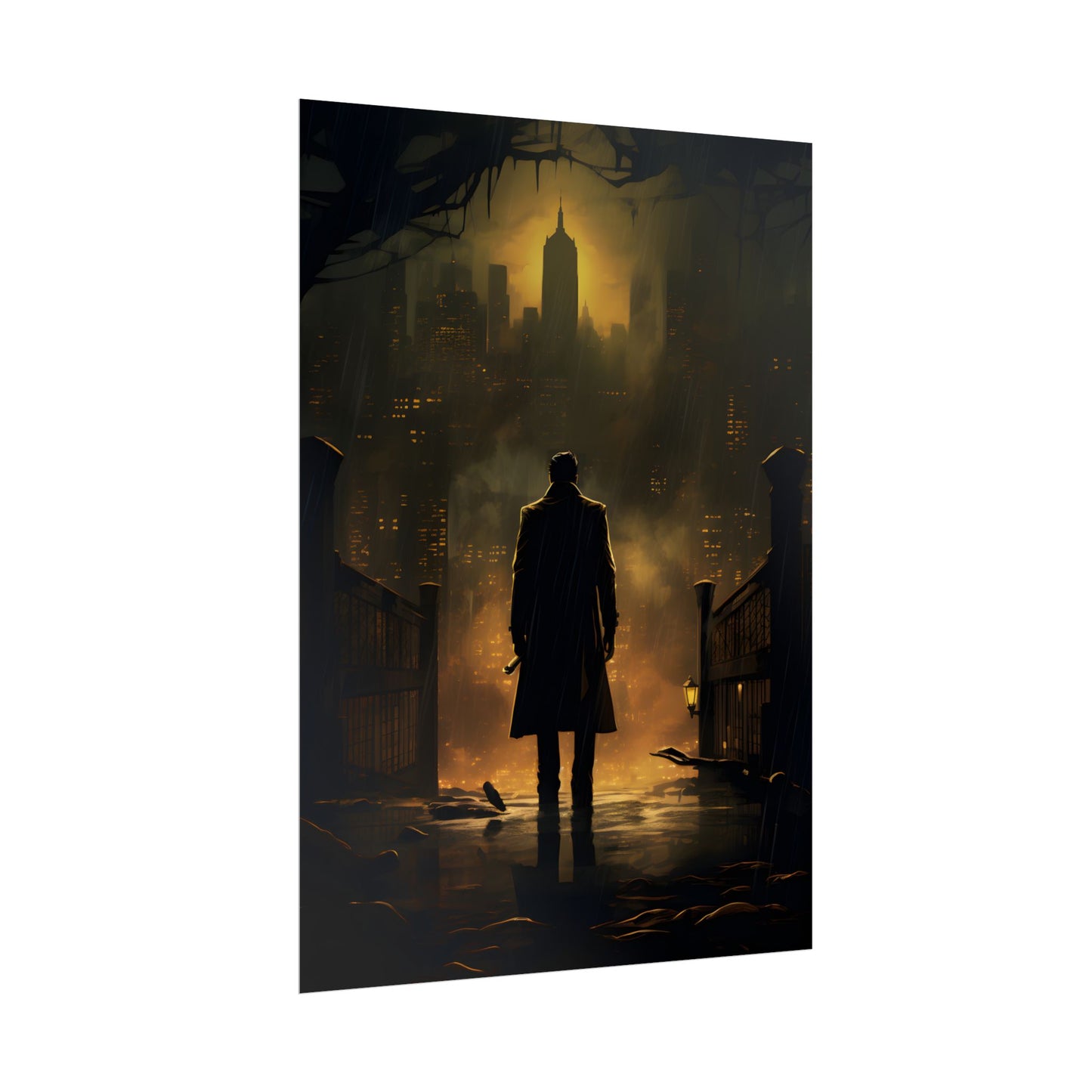 Urban Fantasy Detective: Moody City Skyline Reflection - Poster