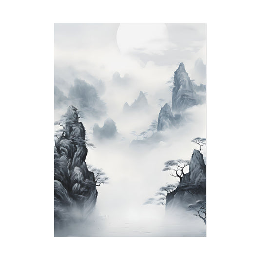 Serene Chinese Ink Landscape: Mirrored Lakes Artwork - Poster