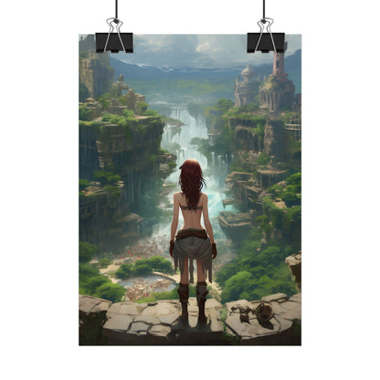 Dramatic Birds Eye View: Red Haired Anime Girl in Urban Landscape - Poster