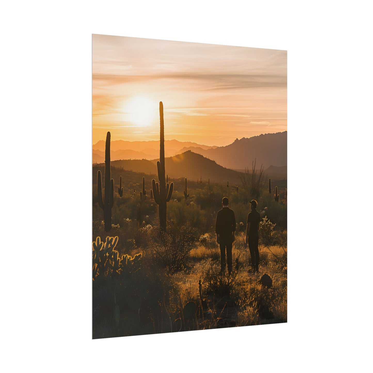 Desert Sunset Serenity: Two Friends Standing Together - Poster