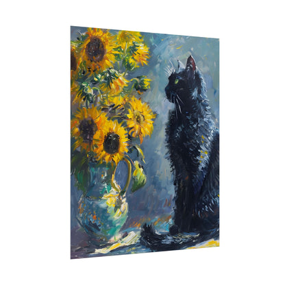 Whimsical Black Cat by Sunflowers: Serene Garden Art - Poster