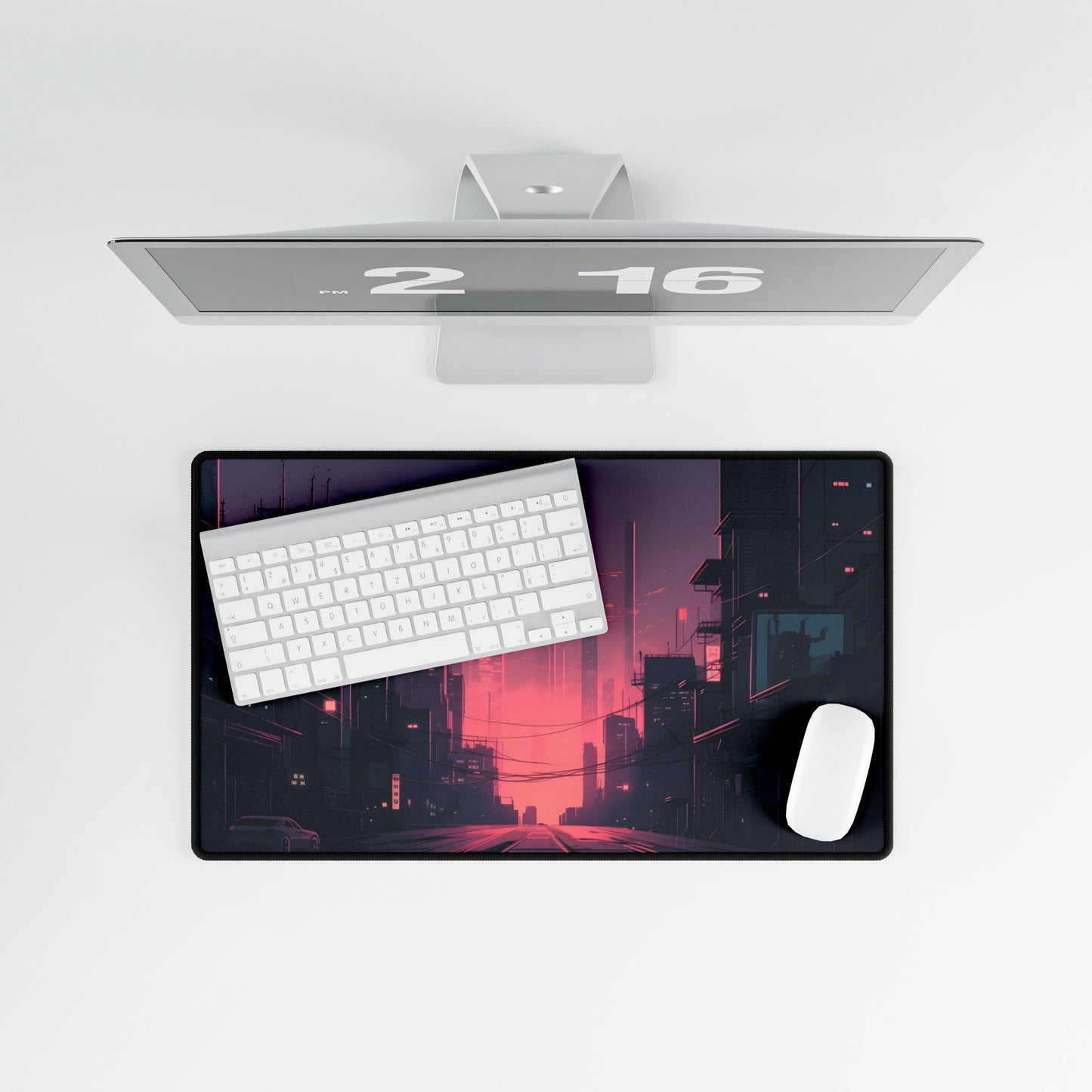 Cyberpunk Nighttime Cityscape: Melancholic Mood - Desk Mat