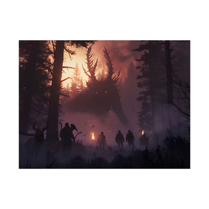 Serene Forest Sunset: Group Walking Through Misty Landscape - Poster