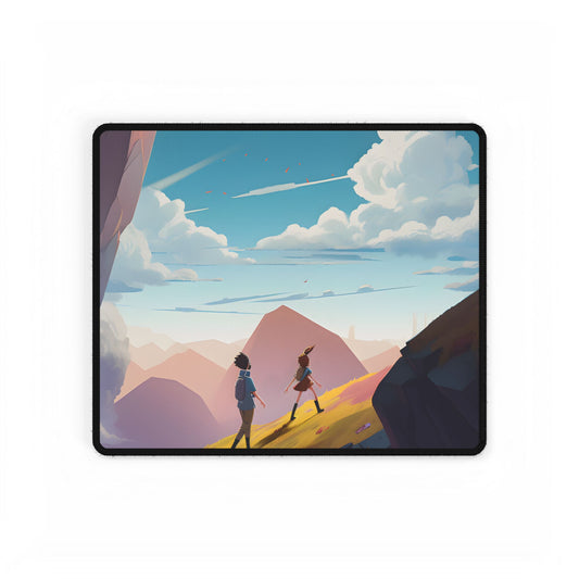 Young Boy and Girl on Cloudy Meadow: Outdoor Landscape Art - Desk Mat