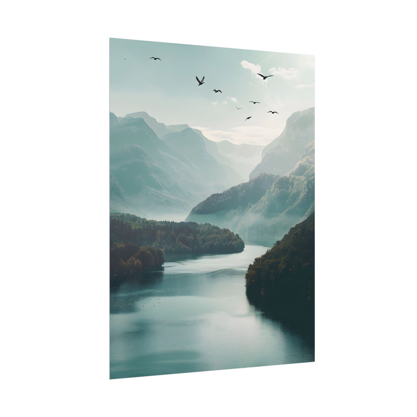 Explore Serene Mountains and Lake: Aerial Perspective Digital Art - Poster