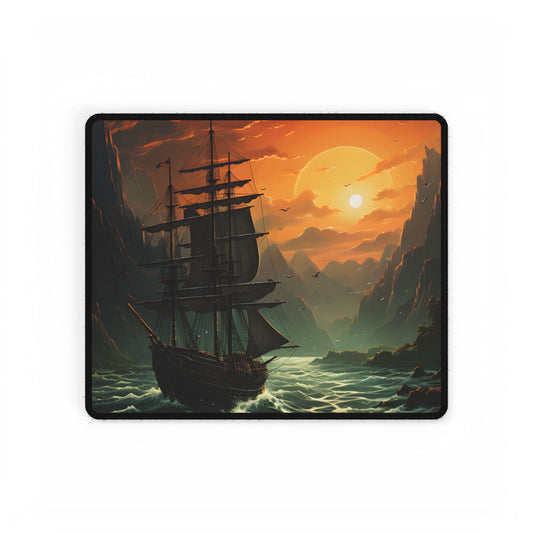 Vibrant Green Sails: Magical Oil Painting of a Majestic Ship - Desk Mat