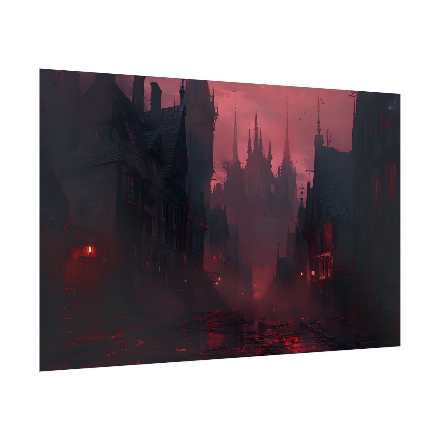 Dark Gothic Cityscape: A Serene Misty Dusk Scene - Poster