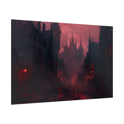 Dark Gothic Cityscape: A Serene Misty Dusk Scene - Poster