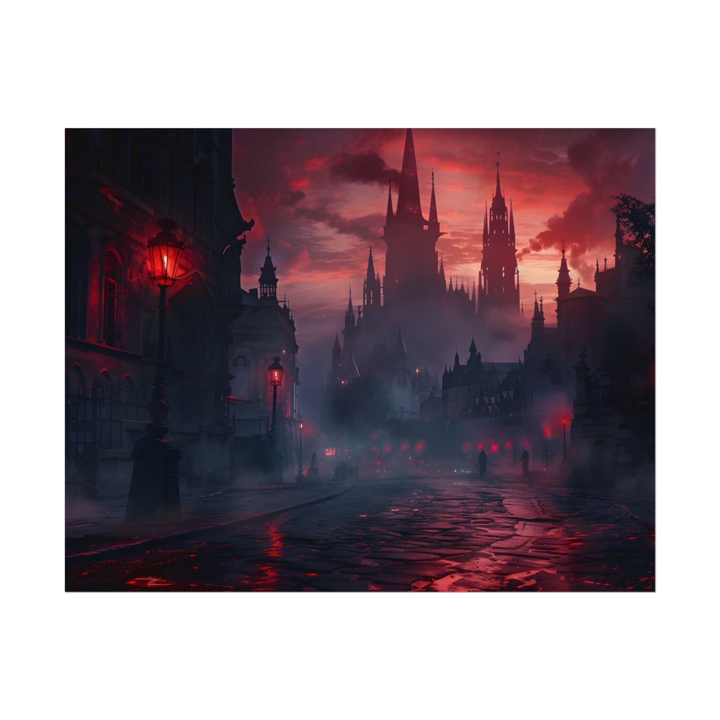 Gothic City Dusk: Pointed Arches and Misty Atmosphere - Poster