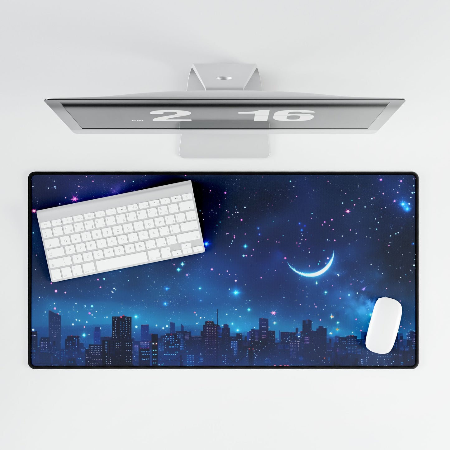 Dark Blue Dreams: A Starry Night Sky with Crescent Moon - Desk Mat