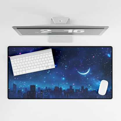 Dark Blue Dreams: A Starry Night Sky with Crescent Moon - Desk Mat