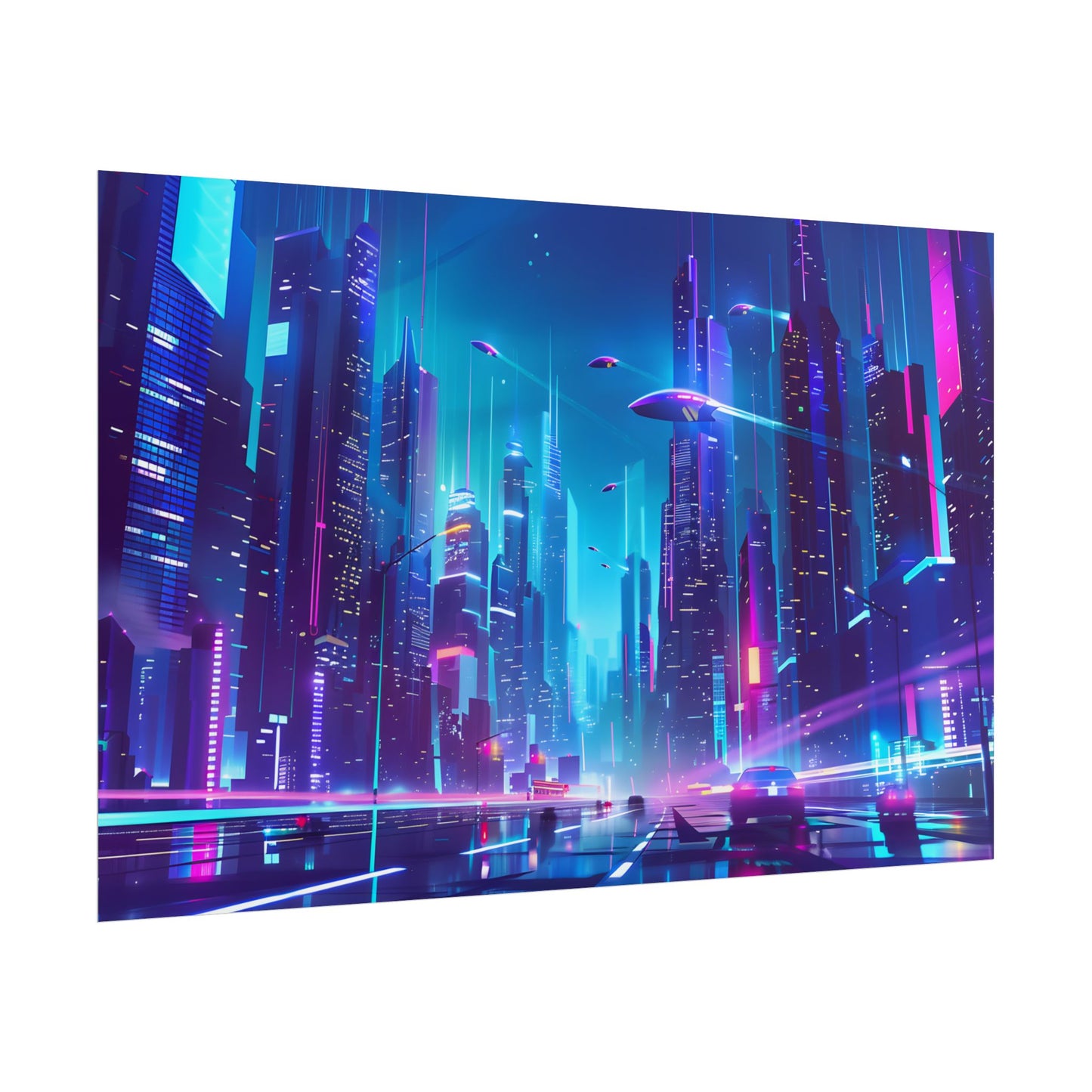 Futuristic Neon City: Towering Skyscrapers in a Vibrant Nighttime Sky - Poster