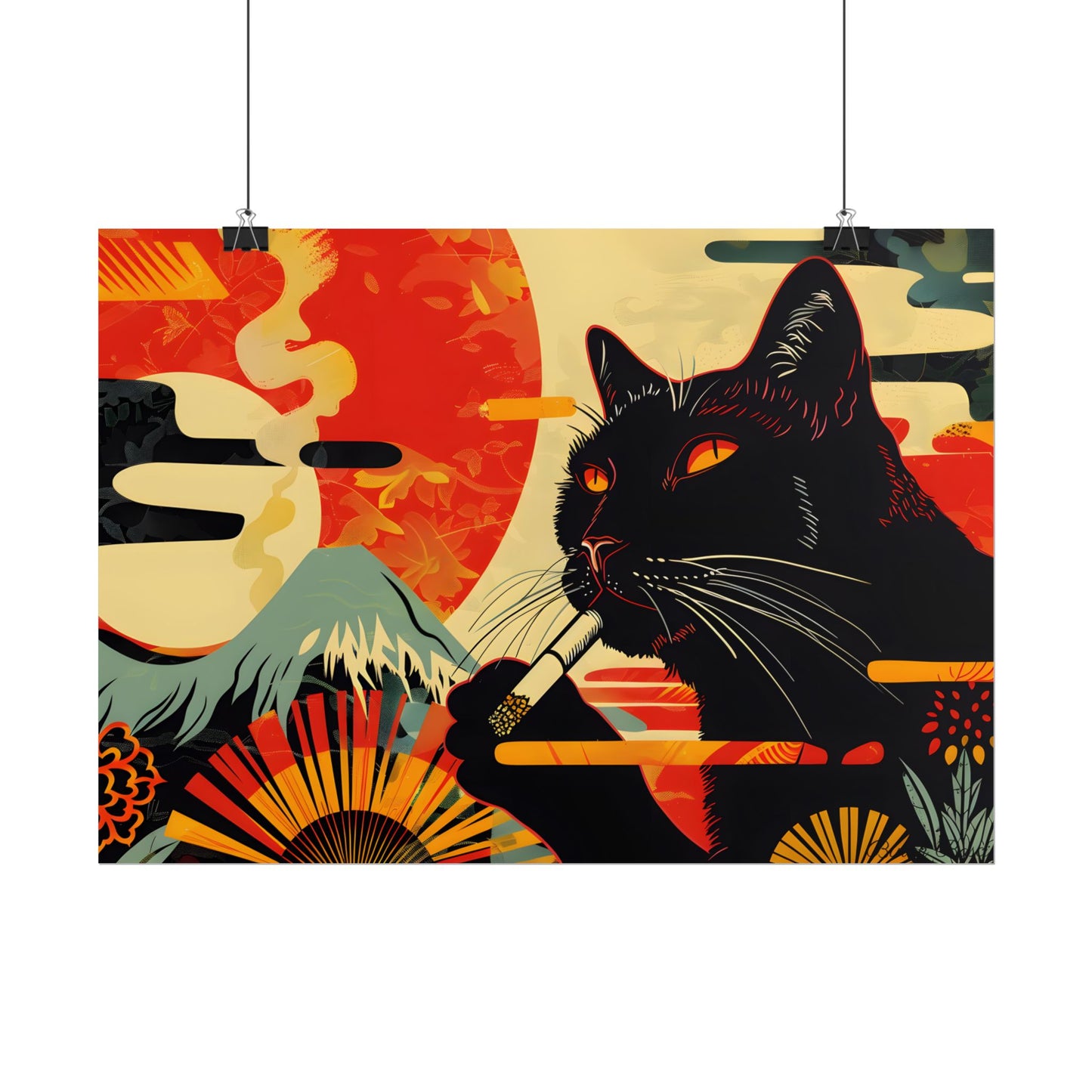 Whimsical Cat Smoking: Red & White Stripe Artwork - Poster