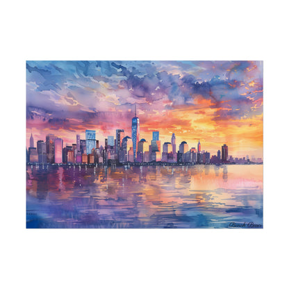 Serene NYC Sunset: Watercolor Skyline Reflections - Poster
