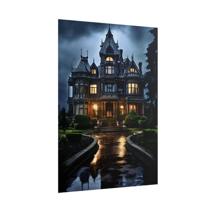 Haunted Victorian Mansion: Spooky Stormy Night Art - Poster